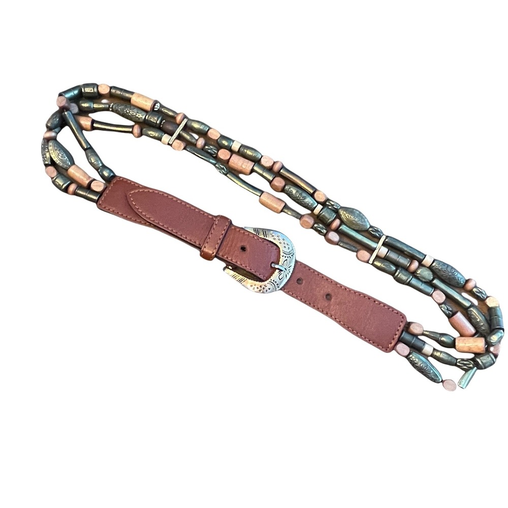 The Limited Beaded Belt Womens Large Brown Leather Vintage Multicolor 30-34"